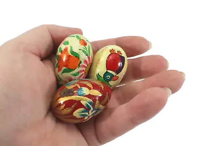 Decorative EGGS Small Hand Painted Wood Set Of 3 Floral And Bird Background • $30.70