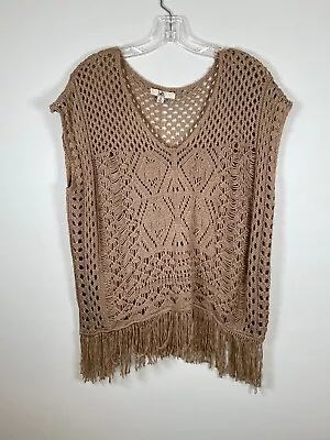 YA Los Angeles Womens Poncho Size Small Brown Crochet Sheer Fringe V-Neck Boho • $21.88