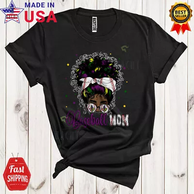 Baseball African Mom Mardi Gras Messy Bun Hair Woman Black Family T-Shirt • $14.36