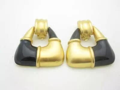 Vintage Givenchy Enamel Knocker Clip On Earrings Black Gold Couture Jewelry - A • $224.99