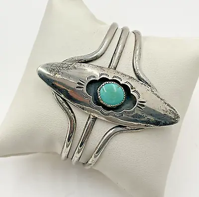 Vintage Native American Signed Navajo Sterling Silver Turquoise Cuff Bracelet • $139.97