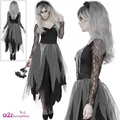 Adult Graveyard Bride Costume Dress + Veil Halloween Zombie Fancy Dress UK 8-26 • £16.99