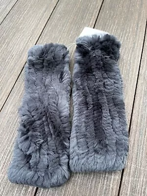 PATSY FINGERLESS MITTENS Genuine Knitted Gray Rabbit FUR Fingerless Gloves OS • $79.99
