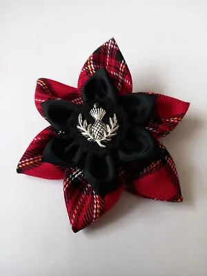 Red ( Royal Stewart) Tartan Fabric Brooch. Black Inner Flower. Silver Thistle  • £8.75