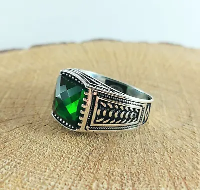 925 Sterling Silver Handmade Men's Ring With Square Shape Green Emerald Stone • £47.29