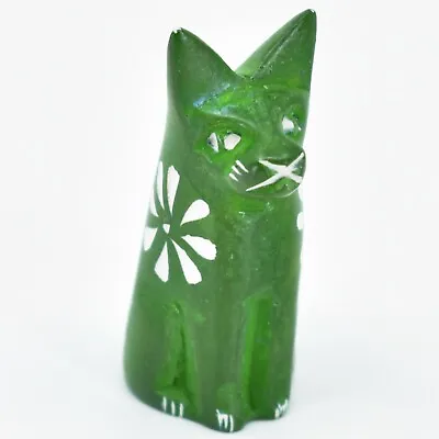 Hand Carved Kisii Soapstone Tiny Miniature Green Kitty Cat Figurine Made Kenya • $6.59