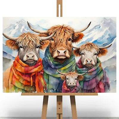 Highland Cow Family Canvas Print Picture Painting Gift Modern Wall Art Tartan • £9.99