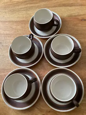 5 X DENBY LANGLEY RUSSET STONEWARE TEA CUPS & SAUCERS Brown Wide Stripes • £12