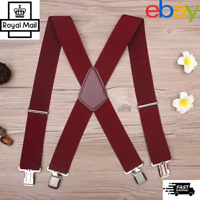 Mens Braces X Shape Heavy Duty 50mm Wide Strong Clips Elastic Suspenders Red Uk • £6.69