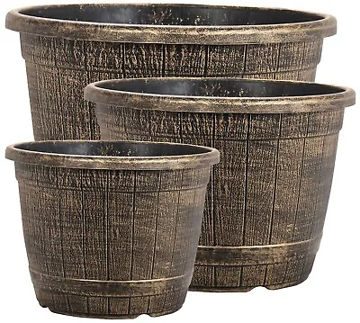 £8.99 • Buy Bronze Wooden Barrel Plant Pot Outdoor Garden Flower Tree Round Plastic Planter