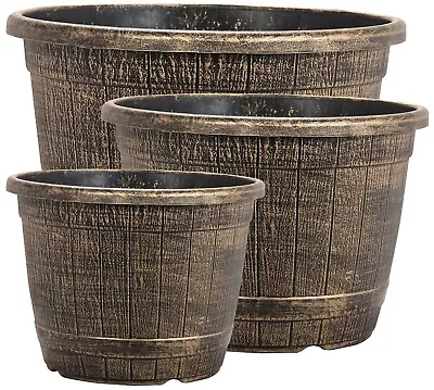 Bronze Wooden Barrel Plant Pot Outdoor Garden Flower Tree Round Plastic Planter • £8.99