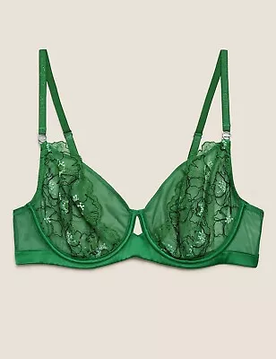 M&S AUTOGRAPH Allure Embroidered Wired Balcony Bra Green Mix Size 34B RRP £30 • £13.08