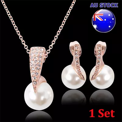 18K Gold Plated Pearl Drop Pendant With Paved CZ Deco Necklace Earring Bride Set • $9.89