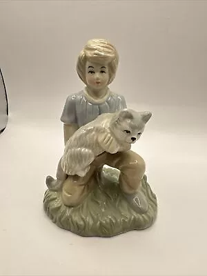 Boy Holding Gray Cat Figurine Porcelain VTG Artmark 6  Statue. Collectible • $18.04