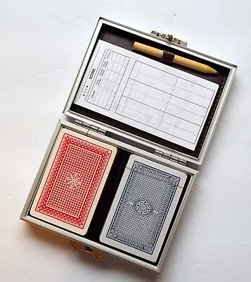 Vintage Playing Cards In Metal & Leatherr Case Travel Playing Card Set • $19.95