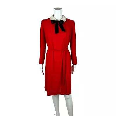 Vintage 80s Day Dress Women's Medium Deadstock Red Peter Pan Collar Bow Neck Fre • $68