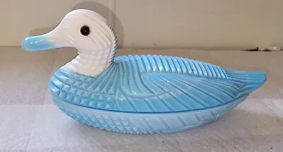 11in LG Wright Atterbury Light Blue & Milk Slag Glass Duck Covered Candy Dish • $59.99