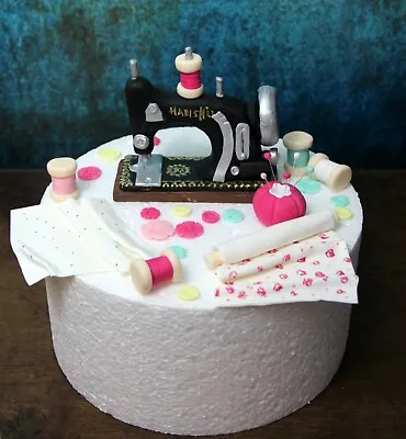 Vintage Sewing Machine Thread Spools Pinscloths Buttons Handmade Cake Topper • £59.99