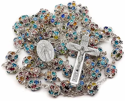 Colorful Zircon Beads Silver Rosary Catholic Necklace Miraculous Medal Cross • $15.97