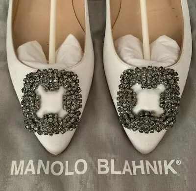 MANOLO BLAHNIK Hangisi Embellished Flats Manolo Wedding Shoe Whote Size 40 • $850