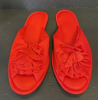Vintage Red Satin Slippers Lingerie Bedroom Boudoir Shoes XL 9.5-10 Flowerpompom • $25.99