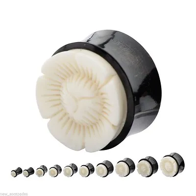 PAIR-Horn W/Carved Bone Flower Saddle Flare Ear Plugs 10mm/00 Gauge Body Jewelry • $12.99