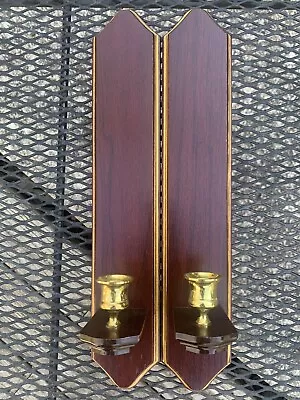 2 Home Interior Sconce Cherry & Gold Wood Candle Votive Holder  Wall Homco 17” • $10.97