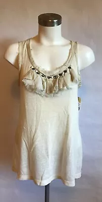 C. Keer Anthropologie Cream Tank Top W/ Ruffle & Jewel Detail Size Medium • $17.25