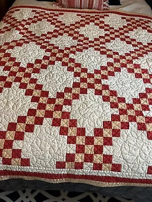 Vintage Handmade Quilt Irish Chain Red And Gold Stitched • $279