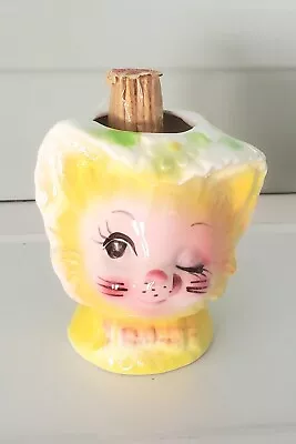 Vintage Enesco Yellow Anthropomorphic Winking Kitty Cat Toothpick Holder • $24.95