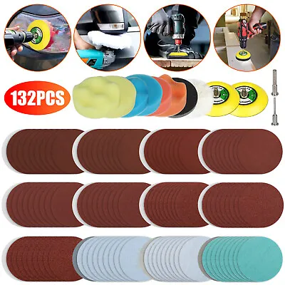 132Pcs 3  Sanding Disc Sander Paper Sponge Foam Buffing Pad + Drill Adapter Kit • $19.98