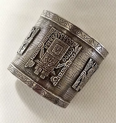 Vintage PERU INCA GOD Cuff Bracelet 2.25 Wide VIRACOCHA 74g Sterling Silver 6.5” • $99.95