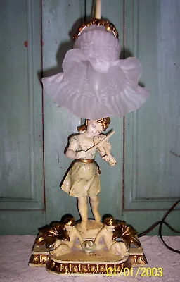 Vtg L & F Moreau Figural French Girl Playing Violin Spelter Cherubs Table Lamp • $75