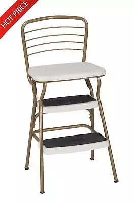 Retro Chair & Steel Step Stool W/ Flip-Up Seat Vinyl Upholstery Gold/Cream New • $99.66