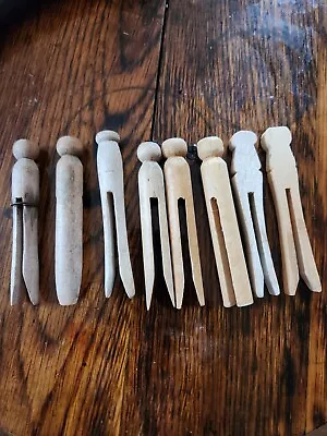 Vintage Wooden Clothespins Wood Round Clothing Holder Wooden Hanger Lot Of 8 • $12.99