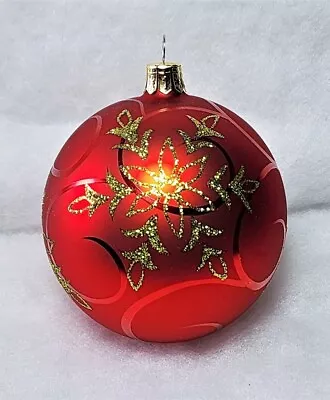 $7.99 • Buy Red Glass Ornament, Satin Finish, Shiny Swirl Pattern, Gold Glitter Snowflakes