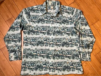 Men’s XL Vintage JP2 Bardon 70’s City Landscape Hippie Mod Disco Button Up Shirt • $25