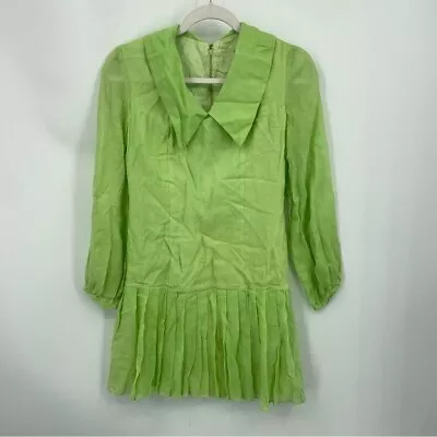 Vintage Dress 1960’s 70’s Mini Dress Green Long Sleeves Pleated Sz S 7 Collared • $39.20