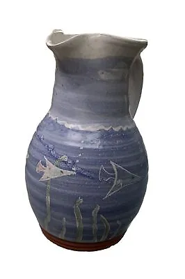 Signed 7.25'' Blue Art Pottery Pitcher With Painted Fish - Beautiful! • $12.95