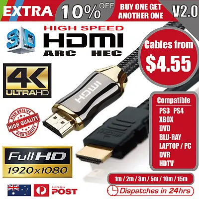 $3.50 • Buy Premium HDMI Cable V2.0 4K Ultra HD 3D High Speed Ethernet 1m 2m 3m 5m 10m 15m