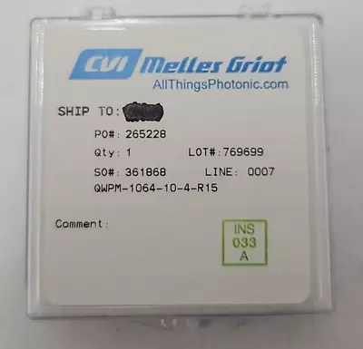 CVI Melles Griot Laser Optics Lens QWPM-1064-10-4-R15 • $59