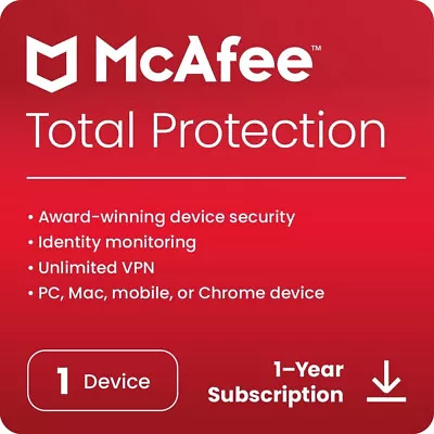 McAfee Total Protection + Unlimited VPN 2024 1 Devices 1 Year 5 Minute By Email • £6.42