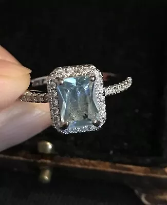 Vintage Style Aquamarine Color Topaz And Zircons Ring 18K White Gold Plated • £10.99