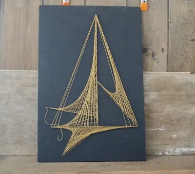 Vintage MCM Retro Kitsch String Art Sailboat Wall Picture Boat Nail Art Nautical • $12.50