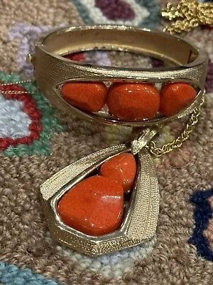 $22.50 • Buy Mcm Vintage Orange Cabochon Pendant Gold Necklace Hinged Cuff Bracelet Set Euc