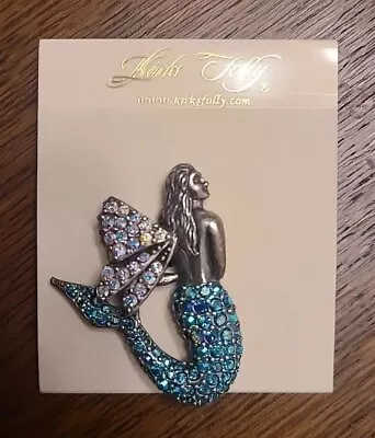 Kirks Folly Vintage Silvertone & Aurora Borealis Crystals Mermaid Brooch Pendant • $65