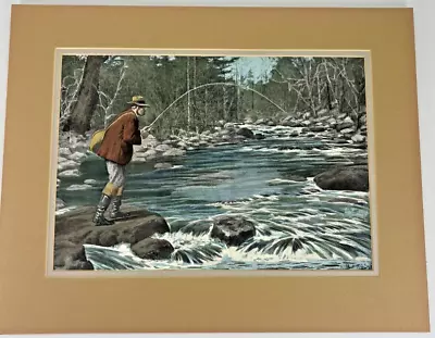 Vintage A.B. Frost Fly Fishing  Upstream  Print Colored Matted Man Fisherman • $40