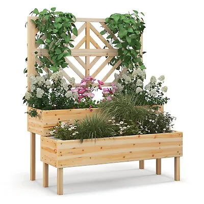 £75.99 • Buy Wood 2-Tier Raised Garden Bed With Trellis Elevated Planter Box Container W/ Leg