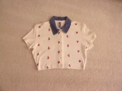 Vtg 90s Cherry Embroidered Denim Collar Crop Top Juniors Medium • $25