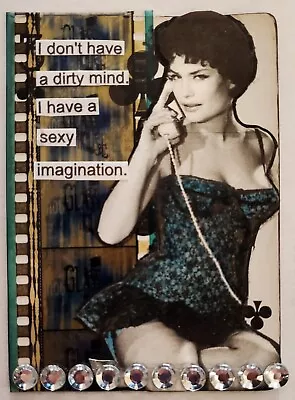 Mixed Media Collage Art Card ACEO ATC Snarky Pinup Vintage Film DIRTY MIND • $11